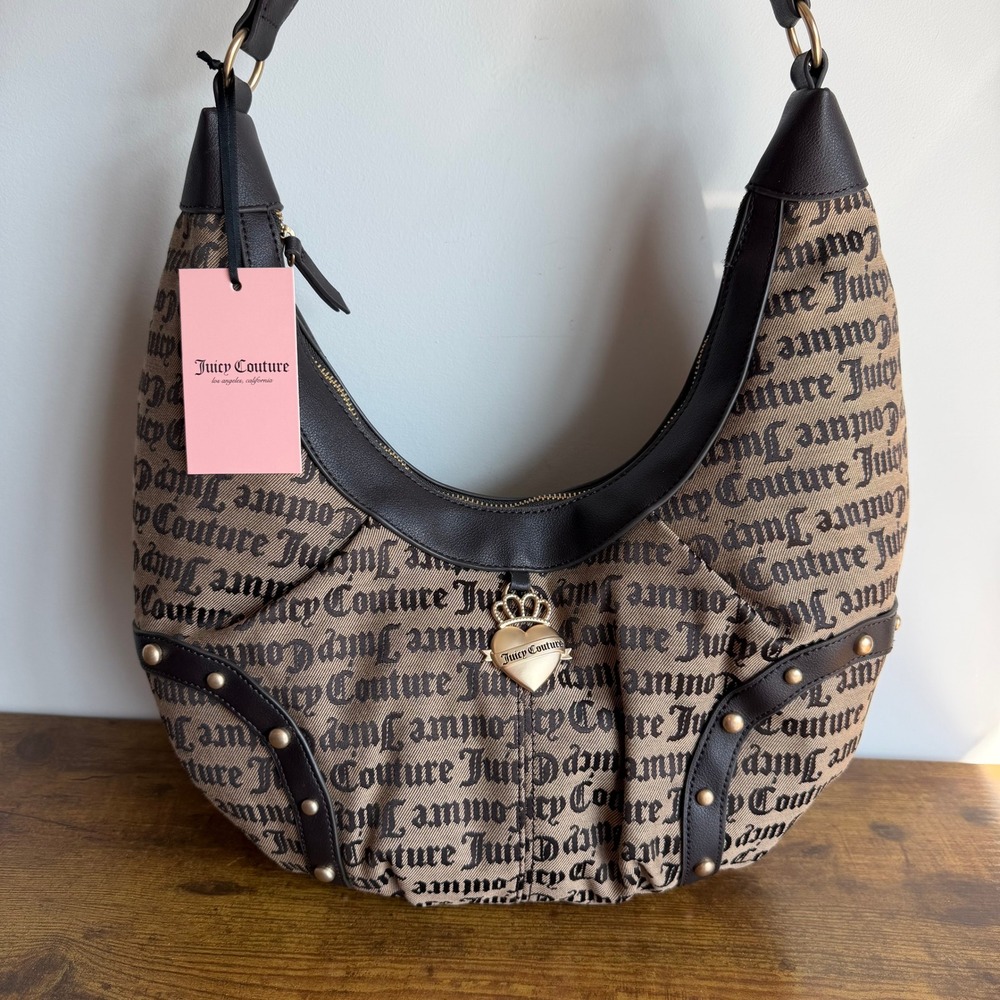 New Juicy Couture Retro Glam Brown Taupe Hobo Shoulder Handbag Y2K Brown Heart